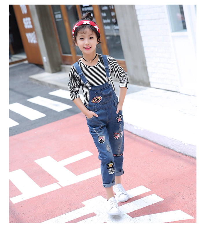 Girls denim bib 2018 mới mùa xuân và mùa thu 11 mùa thu 12 học sinh 15 tuổi quần jumpsuit trẻ em lớn