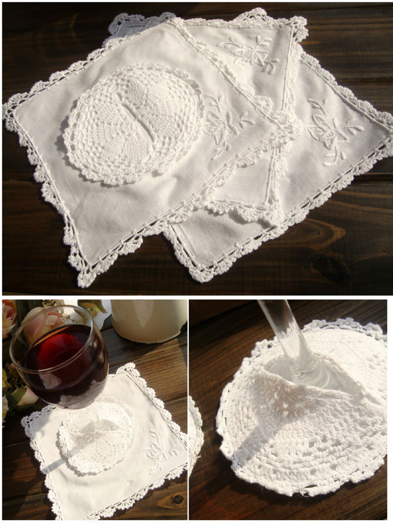 Foreign trade pure cotton hand-embroidered crocheted European and American retro fabric coaster wine glass set combination white noble value boutique