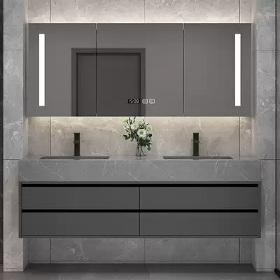 Simple and light luxury rock board integrated basin bathroom cabinet combination solid wood powder room sink double slot washbasin hand washbasin cabinet