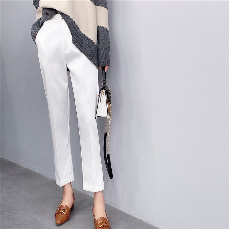 Spring and Autumn 2022 new white blazer pants women's slacks straight high waist slim cropped pipe satin pants