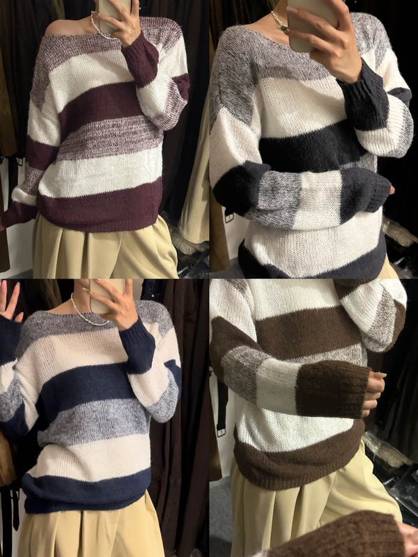 Autumn Korean Style Color-Block Striped Knit Sweater for Women 2025 New Lazy Style Loose Versatile Sweater Jacket for Women