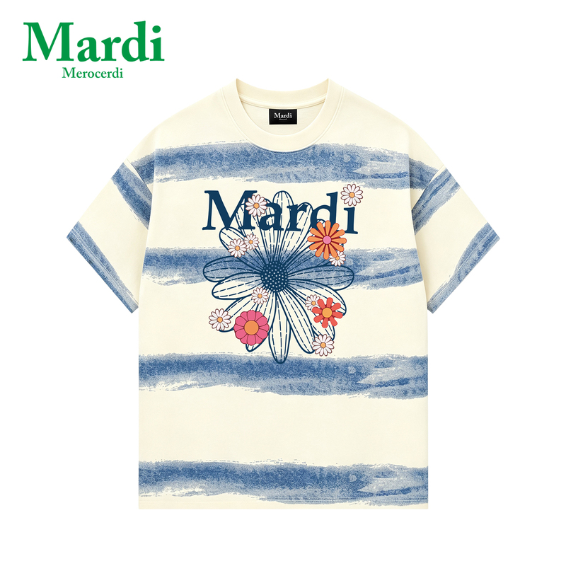 Official Outlet Mardi Merocurdi Korean Authentic 2026 Summer Pure Cotton Short-Sleeve T-Shirt Unisex Striped Shirt