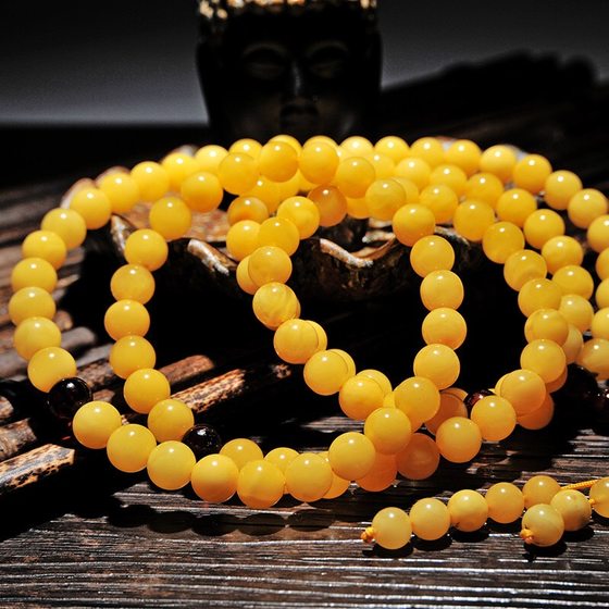 Lingjia natural amber beeswax chicken oil yellow old beeswax round bead bracelet 108 Buddha beads for men and women live broadcast