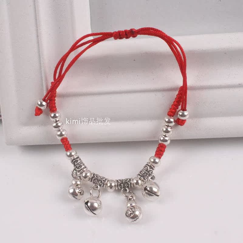 Chuông kim loại bạc Tây Tạng, khóa cuộc sống lâu dài, Palăng, dây đỏ, vòng đeo tay, có thể được sử dụng như vòng chân, đồ trang sức nhỏ, lô - Vòng chân vòng chân cá chép nữ