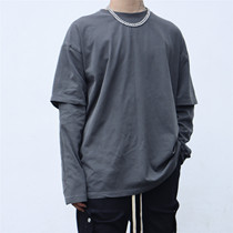 Spring and autumn Korean version of the tide brand fake two-piece long-sleeved T-shirt solid color washed loose casual base shirt top male couple