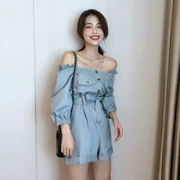 Phiên bản tiếng Hàn mới của từ vai đơn hàng khóa cẩn thận máy quần ống rộng cạp cao thắt lưng thời trang dụng cụ uốn jumpsuit quần short nữ