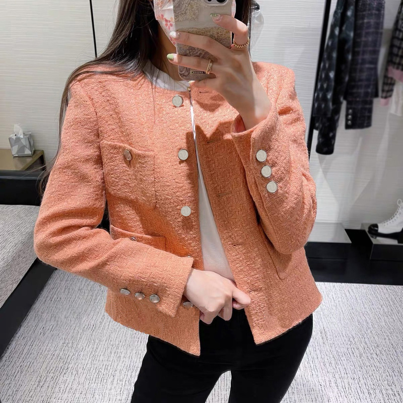 2025 Autumn/Winter New Style Elegant Little Chanel Style Grapefruit Color Vintage Wool Single-Breasted Tweed Short Jacket for Women