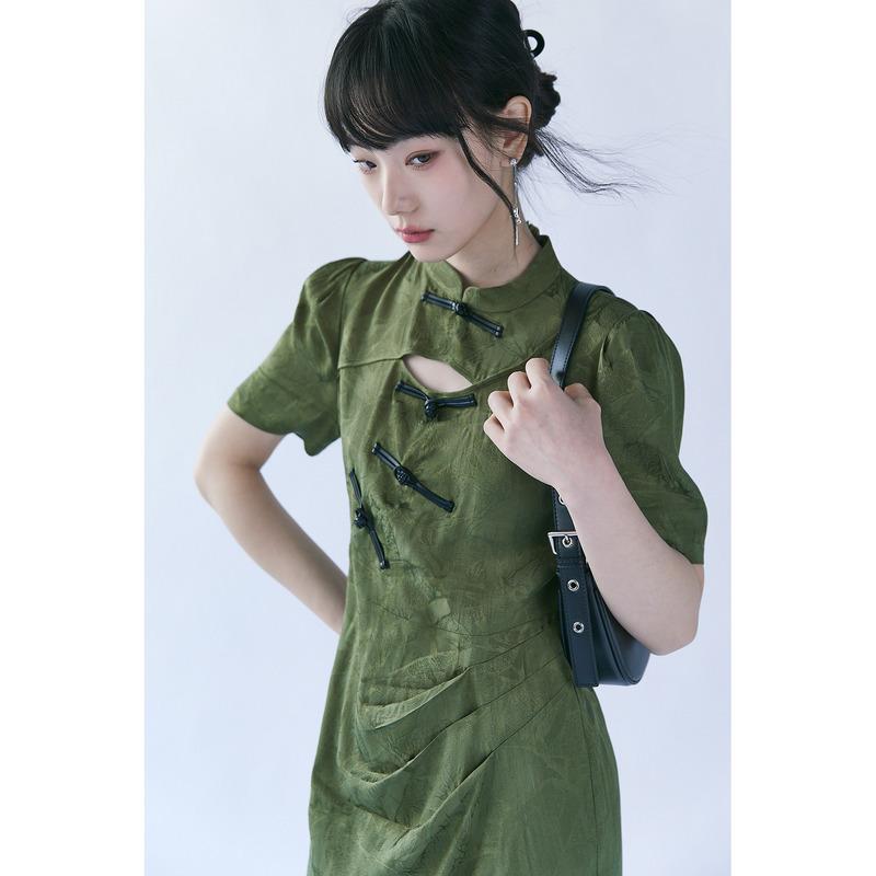 Original Authentic New Chinese-Style Improved Bamboo Leaf Green Cheongsam Dress, Spicy Girl National Style Hollow-Out Buckle A-Line Skirt