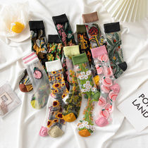  Glass stockings childrens trendy retro sunflower mid-tube socks spring and summer thin transparent crystal silk stockings