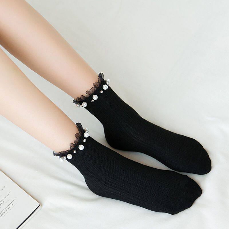 Socks with beads with beads Low cylinder Pearl Korean version Long cylinder Sox Korean version Student Japanese lace lace lace stockings