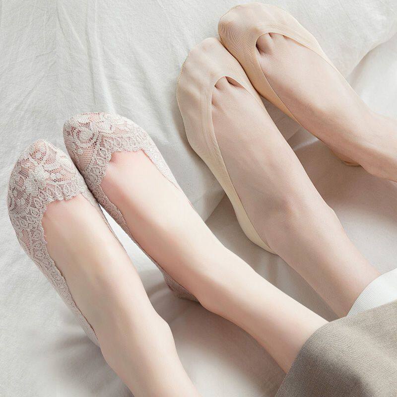 3 5 10 Double Summer Stealth Sox Female Lace Silicone Anti Slip Invisible Socks Ice Silk Breathable Shallow low Help Sox anti-fall heel