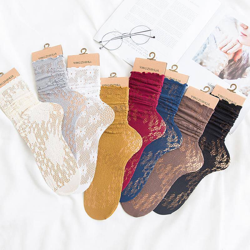 Summer thin socks women's stockings retro hollow lace Candy color pile socks Korean version of Japanese wild middle tube