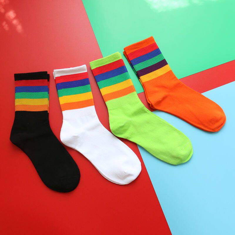 Net Red Rainbow Socks Striped Long Socks MEN'S AND WOMEN'S DAY COLLEGE WIND 100 HITCH STREET MIDDLE CYLINDER WAVE SOCKS CANDY COLOR OUTING