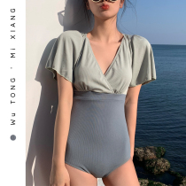 South Korea Ins swimsuit Hide Belly and Belly Lotus Leaf Short Sleeve V Collar Beach Spa Conjoined Swimsuit Woman
