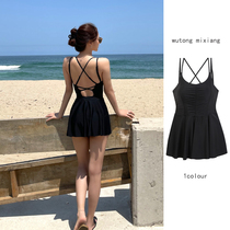 Steel support one-piece skirt swimsuit womens belly conservative backless slim student soak hot spring Beach Seaside swimsuit female Black