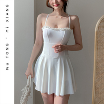 South Korea Ins swimsuit white cover with slim steel Toy to gather beach spa skirt style one-piece open-back swimsuit