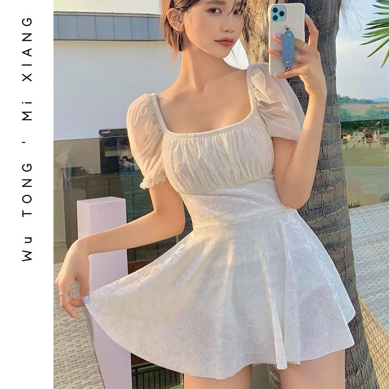 South Korea ins swimsuit▲Skirt belly cover thin backless short sleeve beach seaside hot spring one-piece swimsuit women
