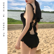 South Korea Ins swimsuit sexy cover belly Belly Dew Back Beach Spa Holiday Black Conjoined Swimsuit Woman