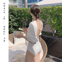 South Koreas new one-piece swimsuit womens short-sleeved belly slim back white beach seaside hot spring swimsuit women