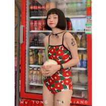 South Korea Ins Sexy Belly Button Slim Collection Shoulder Strap Dew Back Beach Spa Printing Day Ensemble Swimsuit Woman