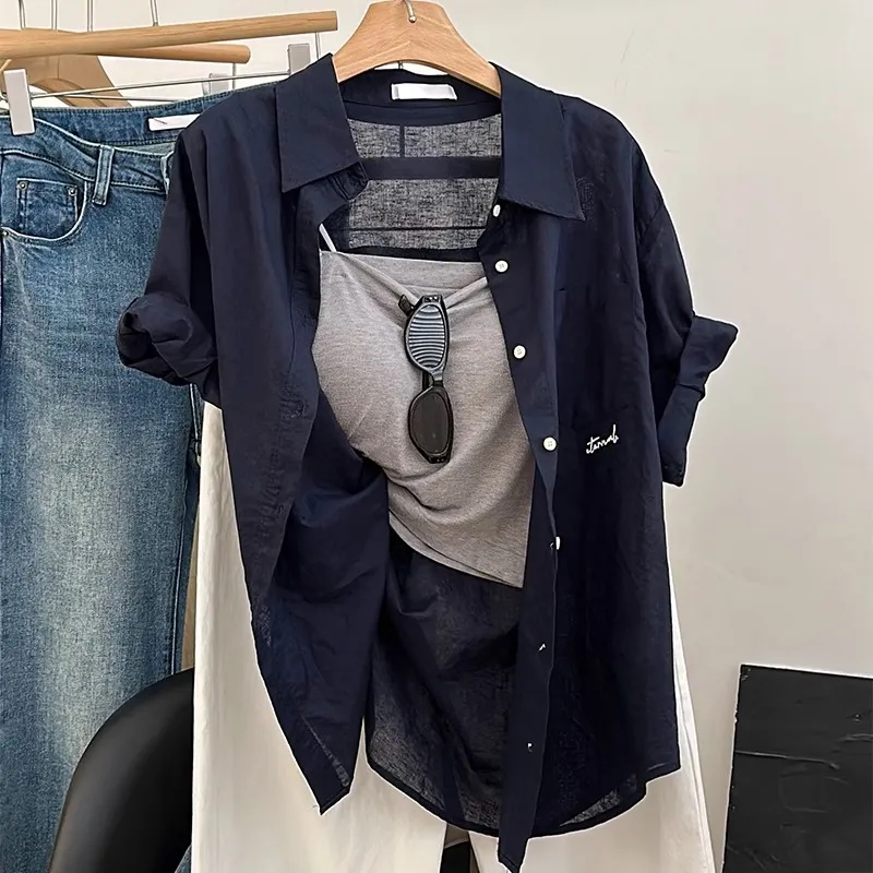 Plus Size Women's Clothing 150kg Korean Style Letter Embroidered Short-Sleeved Shirt Women's Loose Casual Fashion Lapel Shirt ins Summer Plus Size Women's Clothing 150kg Korean Style Letter Embroidered Short-Sleeved Shirt Women's Loose Casual Fashion Lapel Shirt ins Summer