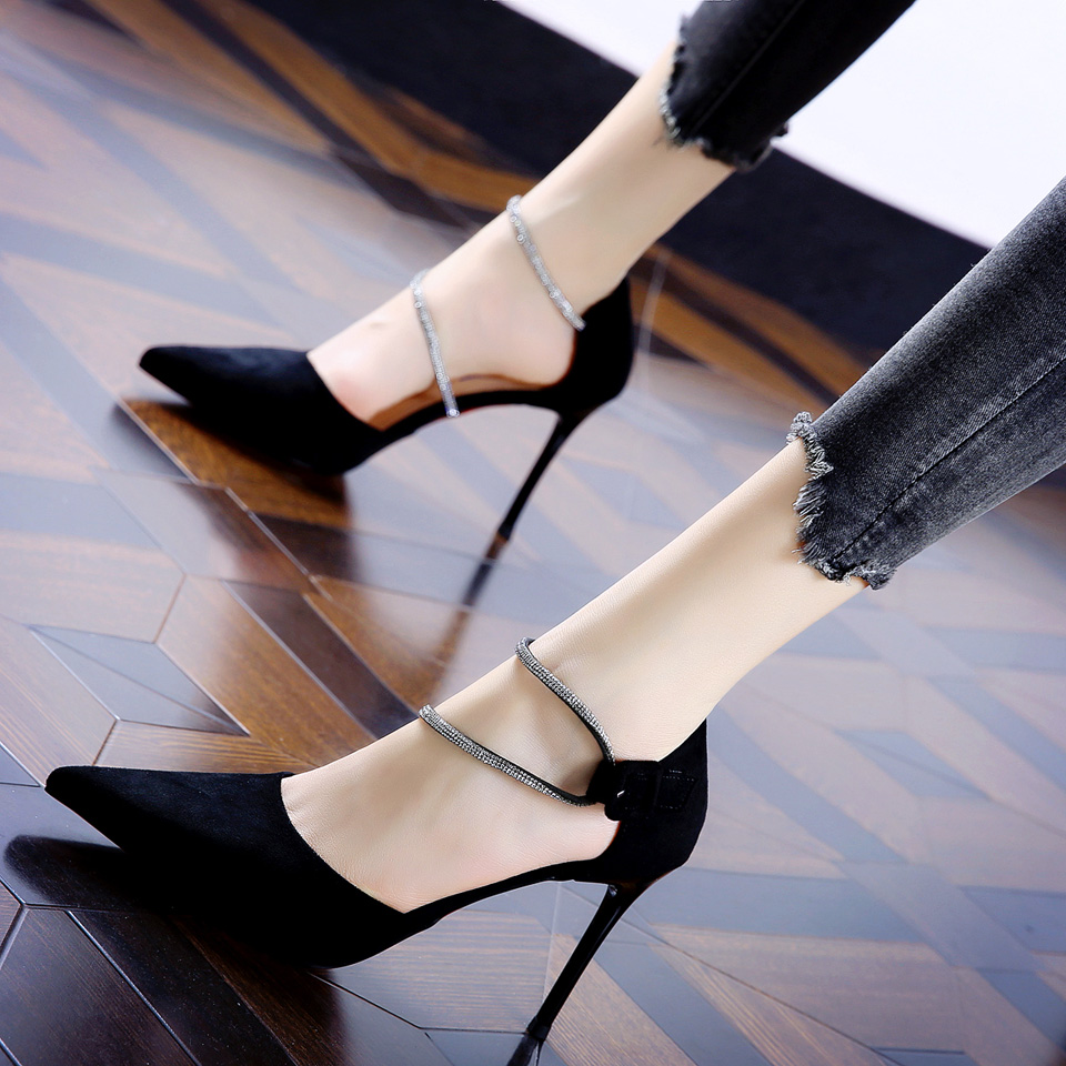 Korean Version Suede face Slim Single Shoe Girl 2022 Spring New Banquet Pointed Water Drill Magic Stick Fine Heel High Heel Shoes