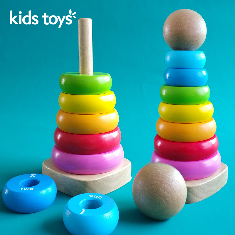 Children Stack Leanle Rainbow Tower Circle Wooden tumbler 0-1-year-old baby Puzzle Toy Collar Lap Heaps of Loops
