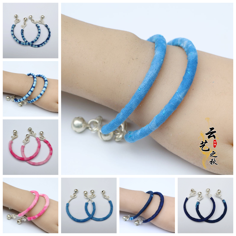 Ethnic Style Blue-Dyed Handmade Embroidered Open Bracelet Yunnan Vintage Tie-Dye Fabric Batik Miao Silver Bell Hand Jewelry Accessory