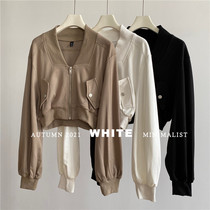 White Autumn Leisure Sports Short Jacket Han Slim Zipper V Neck High Waist Long Sleeve Jacket Women