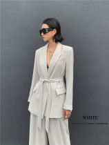 WHITE temperament lapel strap double-breasted suit foreign style strap waist solid color long sleeve suit jacket female spring