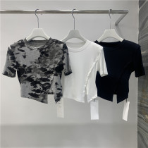 WHITE thin section exposed navel slit short-sleeved top hot girl style high waist tight irregular cotton elastic t-shirt female