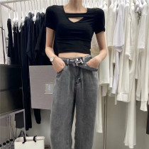 2021 summer white design sense open navel hollow v-neck short sleeve T-shirt foreign style tight sexy cotton jacket women