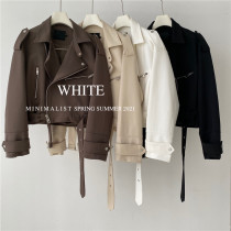 2021 spring new white short locomotive lapel jacket bf wind handsome long sleeve zipper casual jacket women
