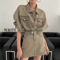 2021 new spring white lapel single breasted denim coat A skirt two casual set women