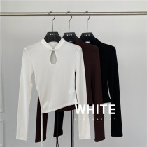 2022 autumn white cheongsam Chinese style hollow stand collar tight top feminine sexy short long-sleeved shirt T-shirt