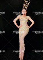 TT nightclub bar singer hosts gogo gold mesh full diamond dress dress costume
