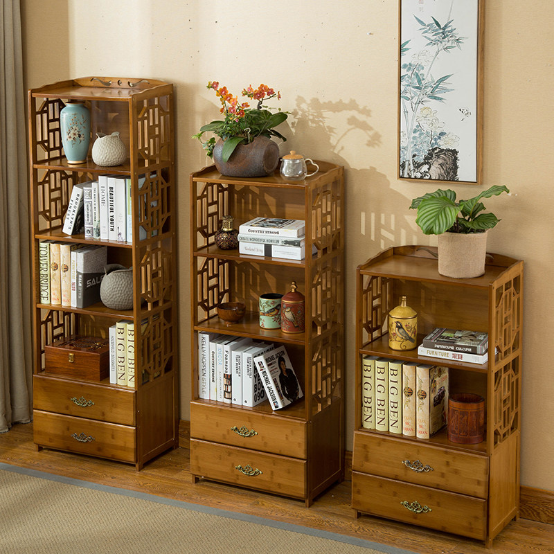 Chinese-style drawer bookcase simple modern combination bookshelf living room rack solid wood floor rack simple bamboo