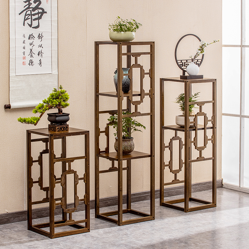 Flower shelf shelving new Chinese solid wood floor style living room balcony leaning against wall TV cabinet next to modern minimalist flower table