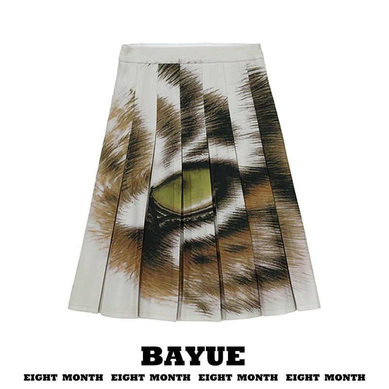 Artistic Tiger Print Pleated Skirt, Autumn and Winter, Petite, Heavy Craftsmanship, Color-Blocking, A-Line, Mid-Length Suit Skirt