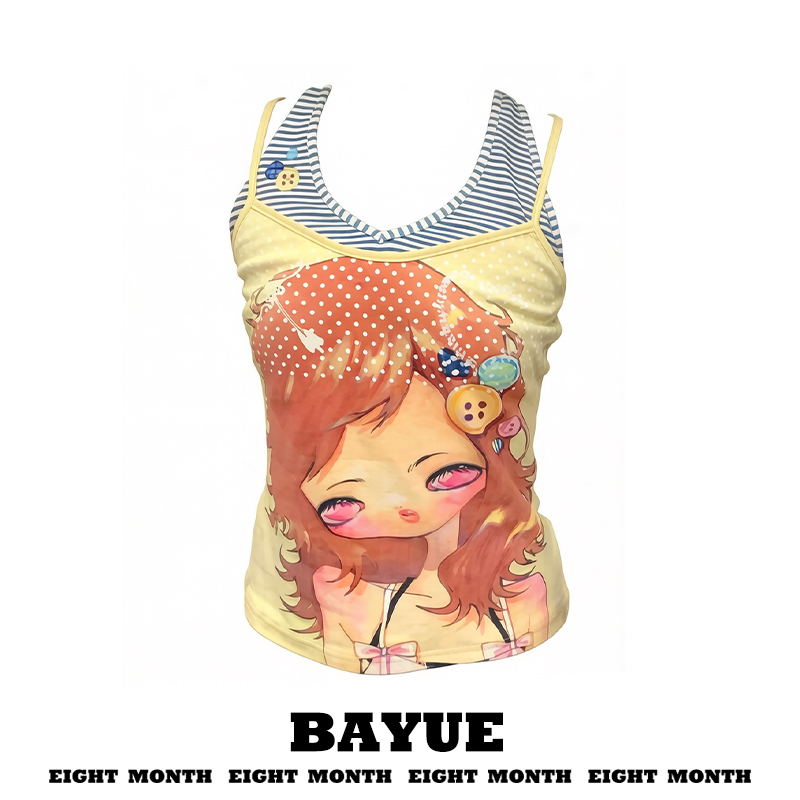Yellow Faux Two-Piece Striped Halter Neck Tank Top for Women, Summer Sleeveless Vest with Y2K Hot Girl Comic Print