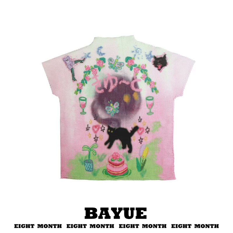 Colorful Graffiti Print Half-High Collar Short-Sleeved T-Shirt for Women, Summer Dopamine Hot Girl Pleated Elastic Tight-Fitting Short Top
