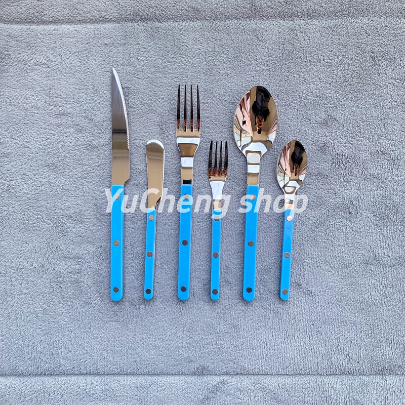 ins Fengkailin Blue Western Tableware French Style Contrast Blue Handle 304 Stainless Steel Steak Knife, Fork, Spoon Main Course Set ins Fengkailin Blue Western Tableware French Style Contrast Blue Handle 304 Stainless Steel Steak Knife, Fork, Spoon Main Course Set
