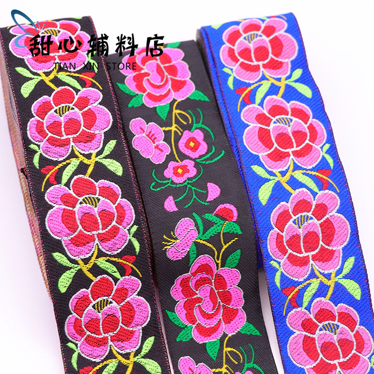 5cm Nationalities Lace Flowers Black Bottom Webbing Folk style Miao clothes Decorative Embroidered Flower Strips Diy Decorative Webbing