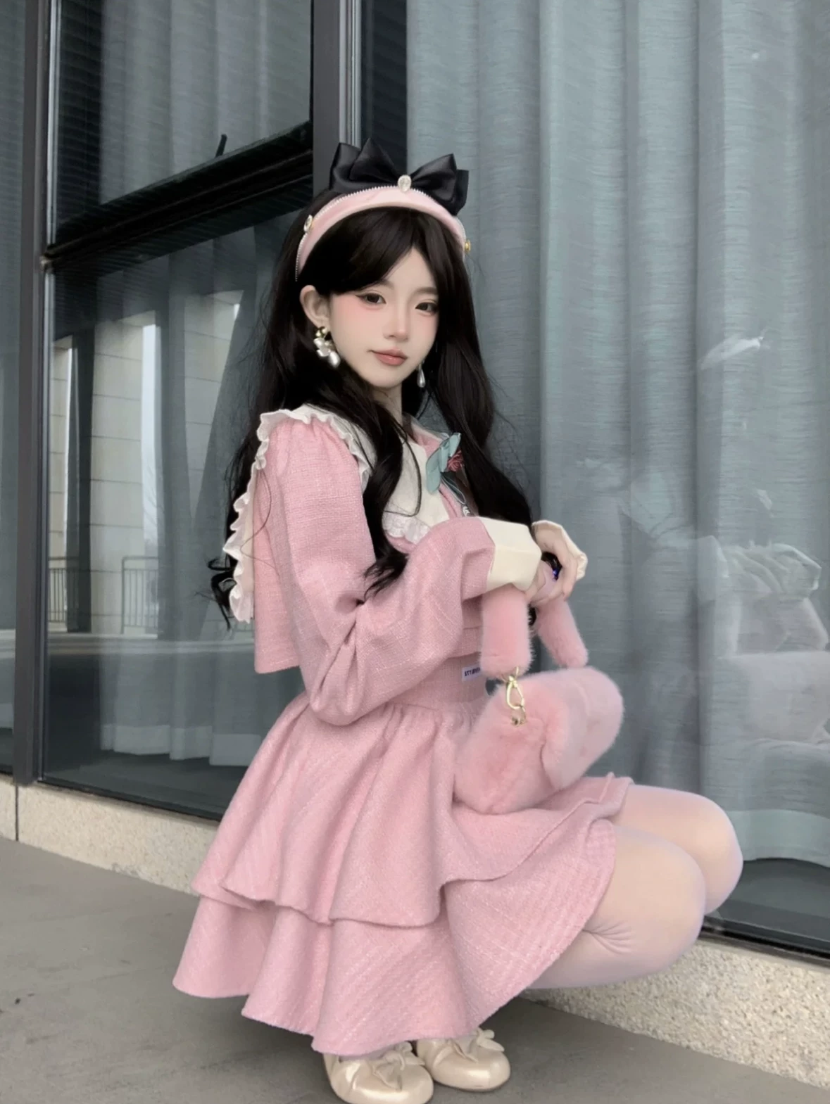 Mountain tea, cute fuchsia doll, jacket, brace, set, doll collar, Chanel style, tutu skirt