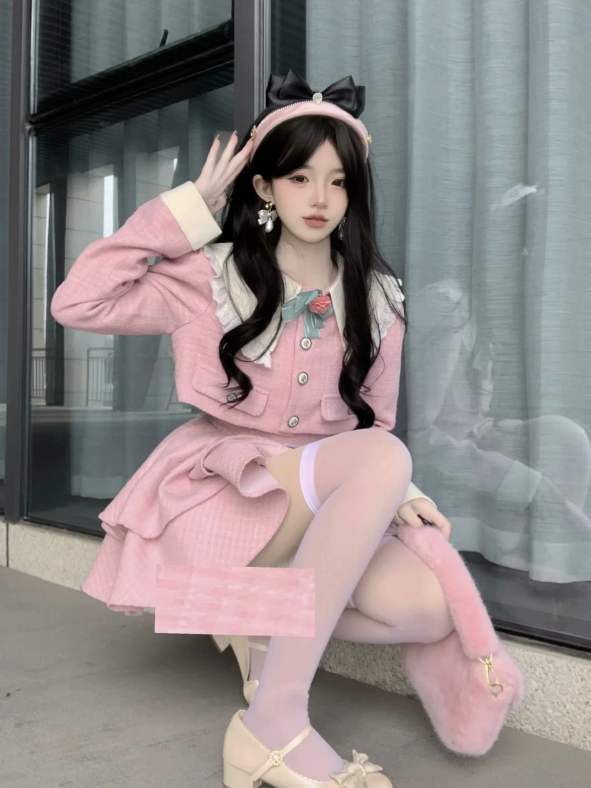 Mountain tea, cute fuchsia doll, jacket, brace, set, doll collar, Chanel style, tutu skirt