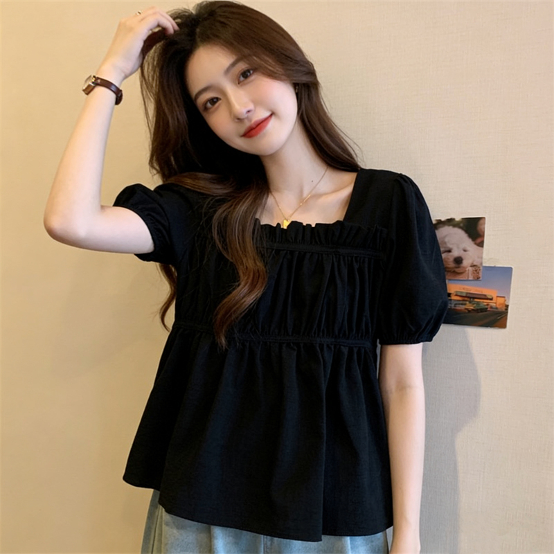 Slightly Chubby Square-Neck Design Puff-Sleeve Babydoll Top for Women, Summer Plus-Size Women's Clothing, Slimming and Tummy-Concealing, Stylish