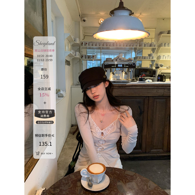 Sheepland Nishi Style Tencel Wool Lace Hollow-Out Faux Two-Piece Long-Sleeve T-Shirt for Women, Autumn Inner Wear Top