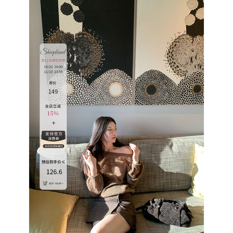 Sheepland Southern France Autumn Story Wool Diagonal Shoulder Knit Sweater for Women, Autumn Lazy Style Slimming Long Sleeve Sweater
