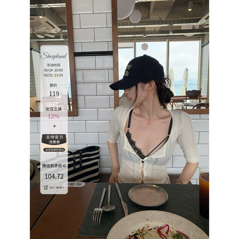 Sheepland Lace Pure Desire Lingerie Thin See-Through Knit Cardigan Top Women's Summer T-Shirt