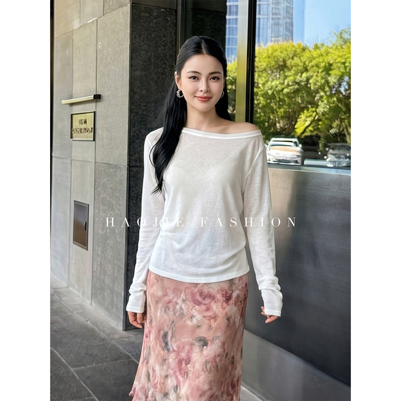 Hao Jie's Korean-Style Off-Shoulder Long-Sleeve T-Shirt for Women, Lightweight and Loose-Fitting for Summer, Suitable for Commuting and Sun Protection Hao Jie's Korean-Style Off-Shoulder Long-Sleeve T-Shirt for Women, Lightweight and Loose-Fitting for Summer, Suitable for Commuting and Sun Protection